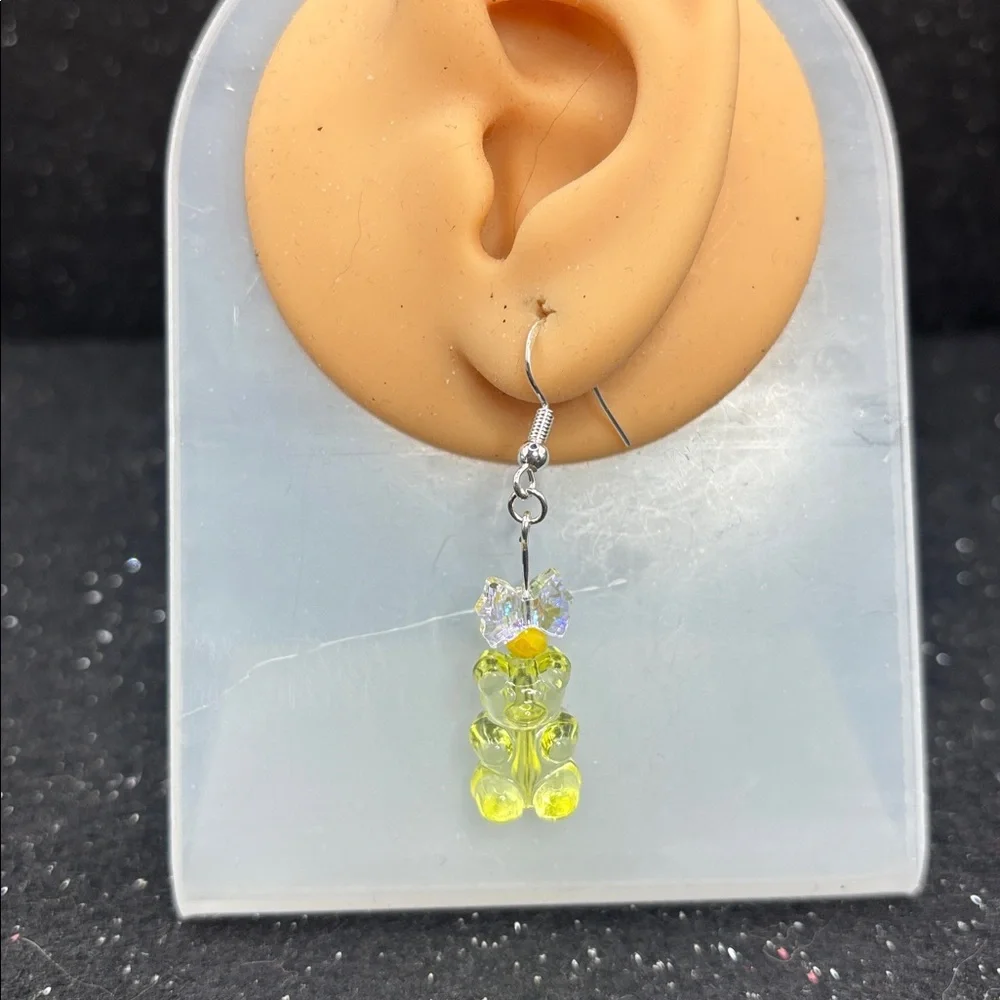 Yellow Gummy Bear Dangle Earrings with Iridescent bow
